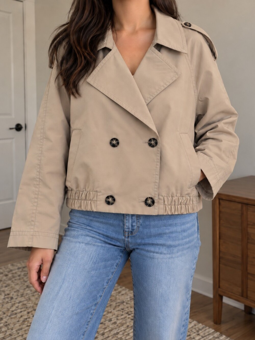 RW&CO. Taupe Cropped Double-Breasted Trench Jacket